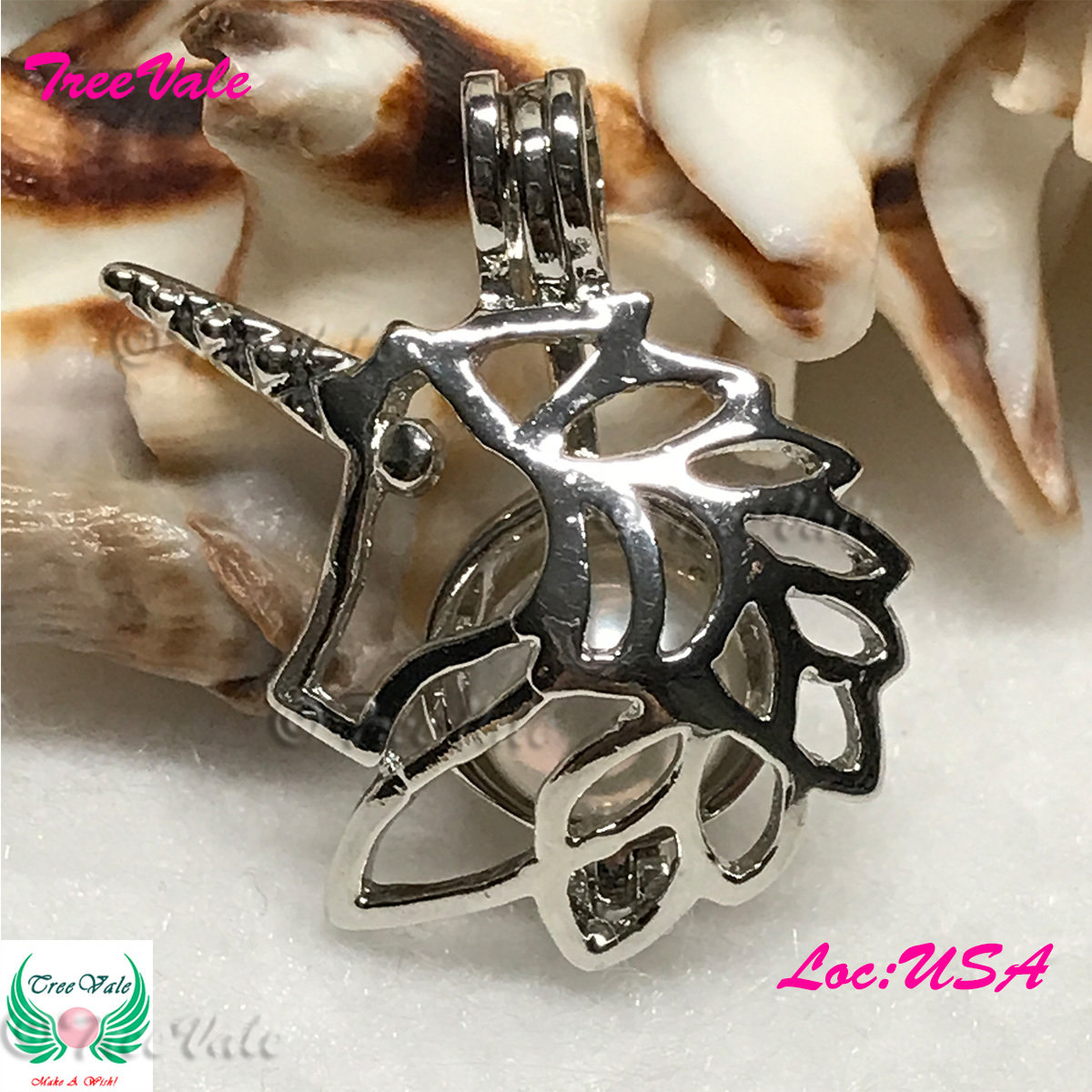 Mystical Unicorn - Silver Plated - Locket Pearl Cage Pendant - Hold 6mm - 8mm Pearl