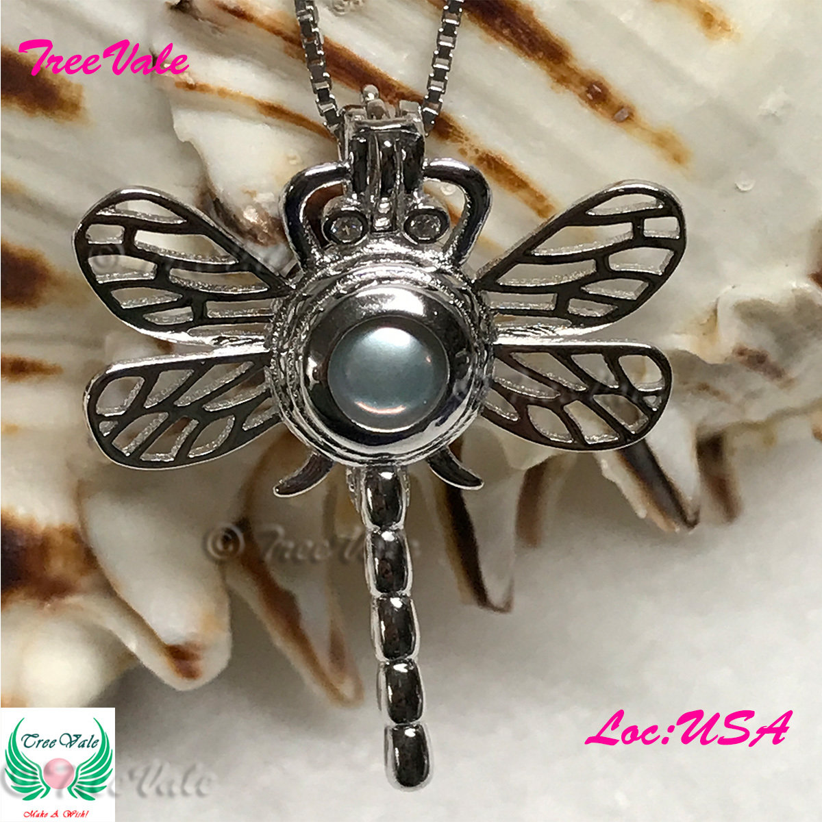 Dragonfly - Solid 925 Sterling Silver - Locket Pearl Cage Pendant - Hold 6mm-8mm Pearl