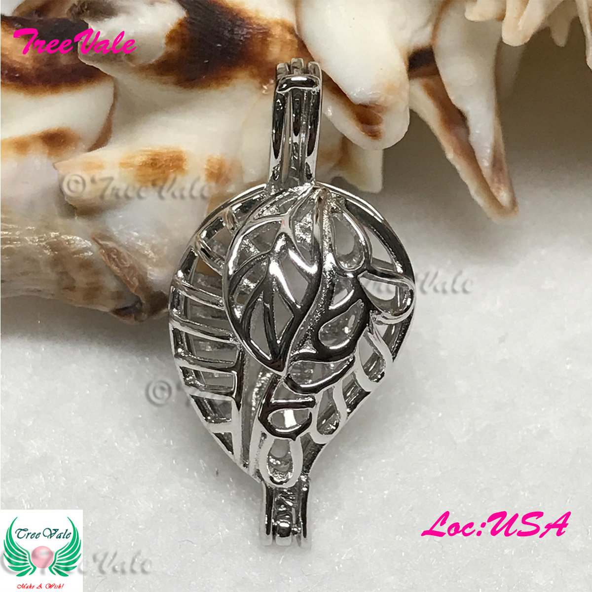 Mango And Leaves - Solid 925 Sterling Silver - Locket Pearl Cage Pendant - Hold 6mm-9mm Pearl