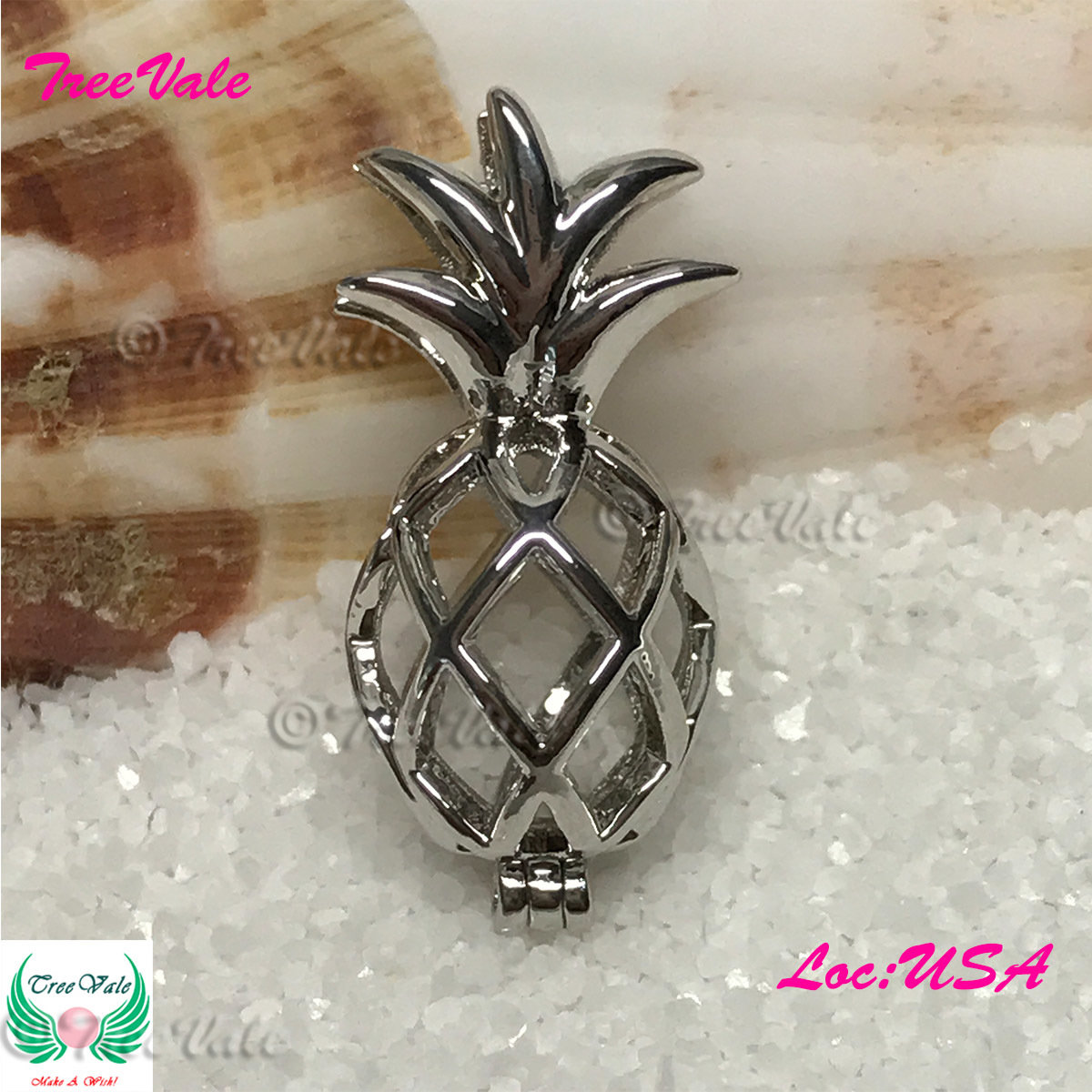 Hawaiian Pineapple - Silver Plated - Locket Pearl Cage Pendant - Hold 6mm - 8mm Pearl