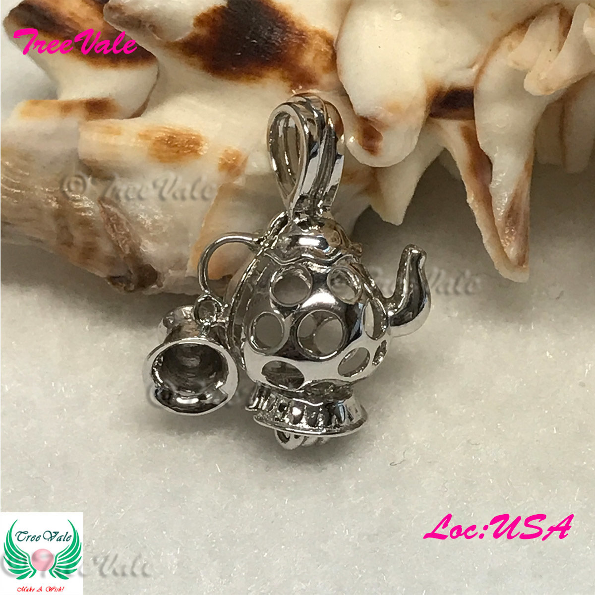 Teacup Mrs. Potts - Solid 925 Sterling Silver - Locket Pearl Cage Pendant - Hold 6mm-8mm Pearl