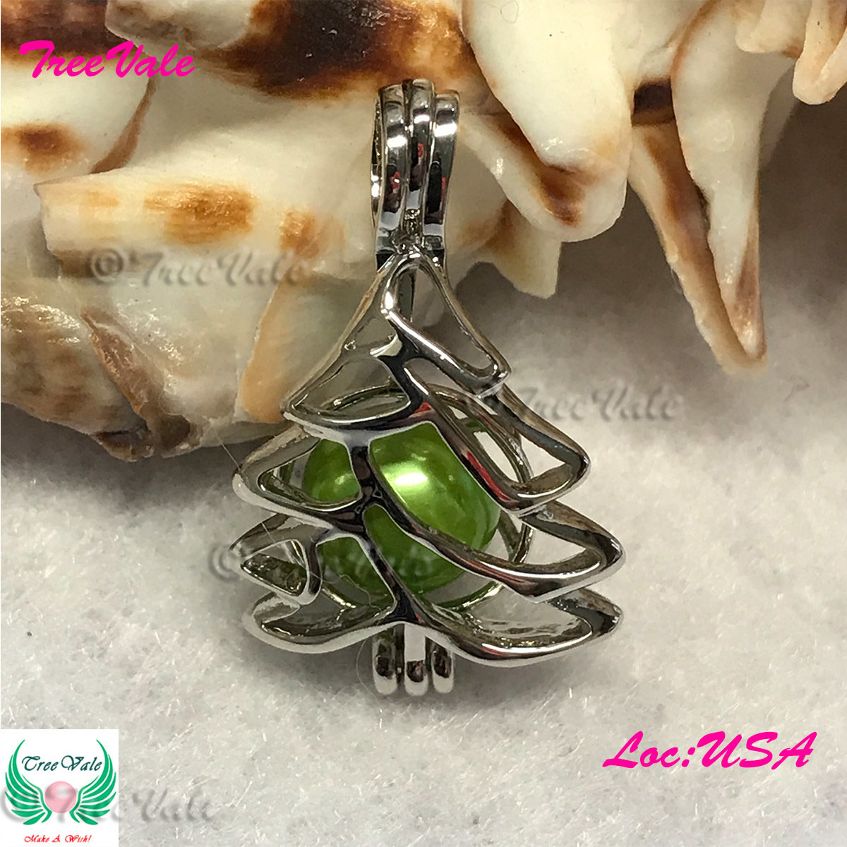 Summer Pine Tree - Silver Plated - Locket Pearl Cage Pendant - Hold 6mm - 8mm Pearl