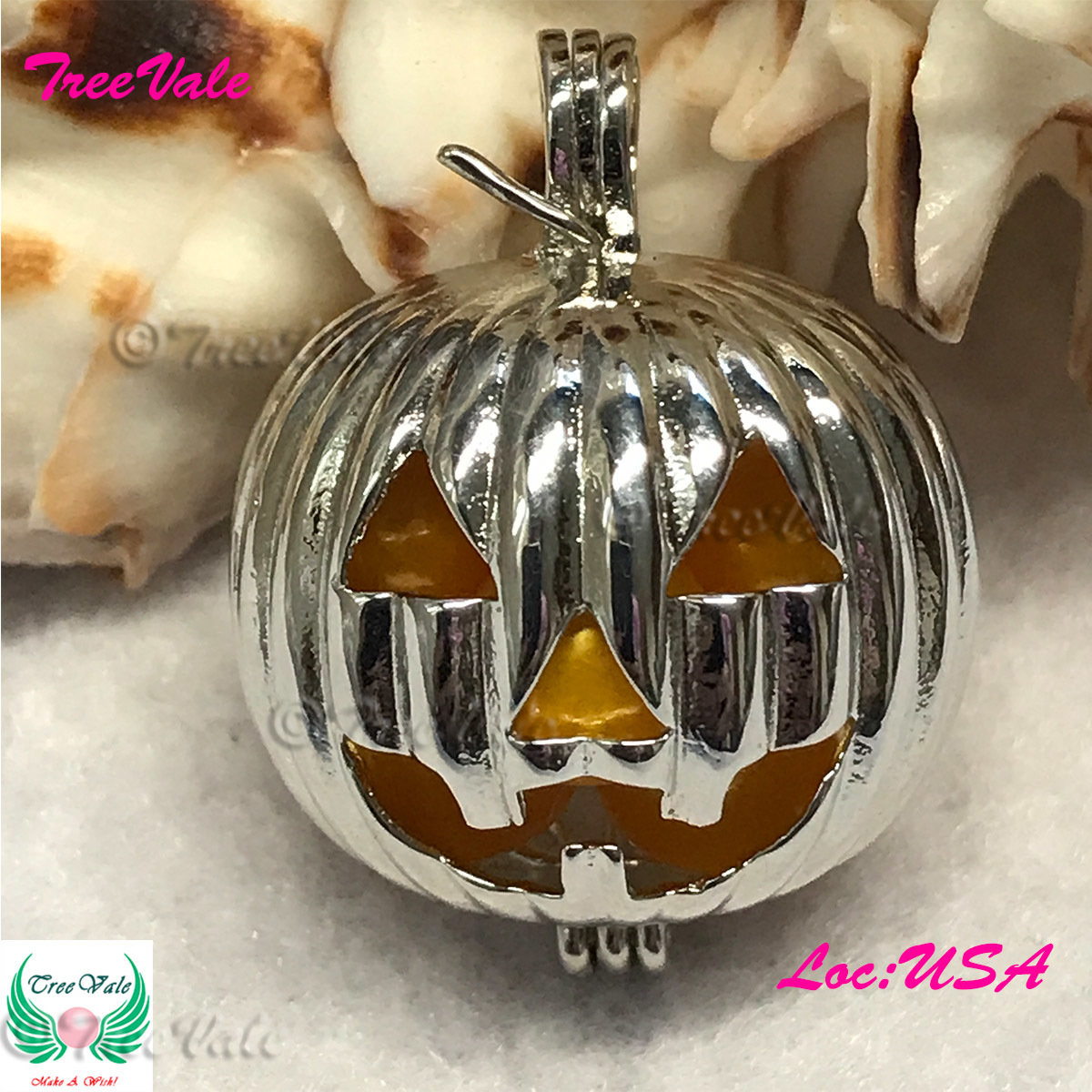 Jack O Lantern Pumpkin - Silver Plated - Locket Pearl Cage Pendant - Hold 6mm - 14mm Pearl