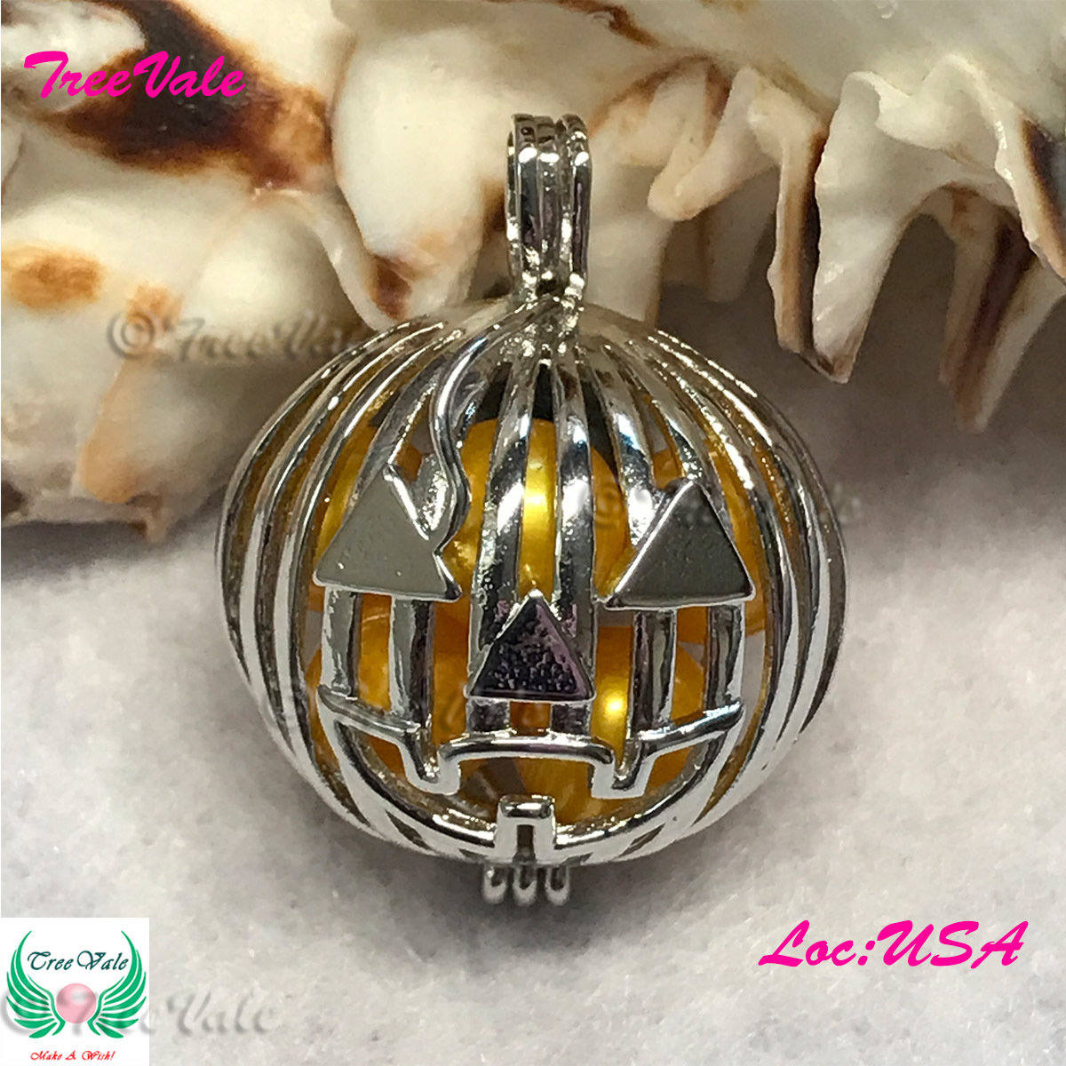 Frenzy Pumpkin - Silver Plated - Locket Pearl Cage Pendant - Hold 6mm - 14mm Pearl