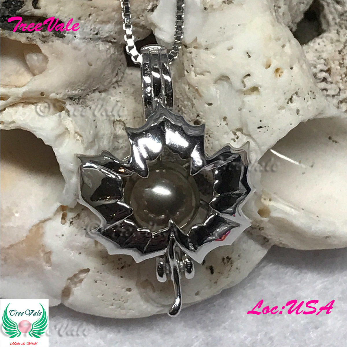 Solstice Maple Leaf - Solid 925 Sterling Silver - Locket Pearl Cage Pendant - Hold 6mm-8mm Pearl