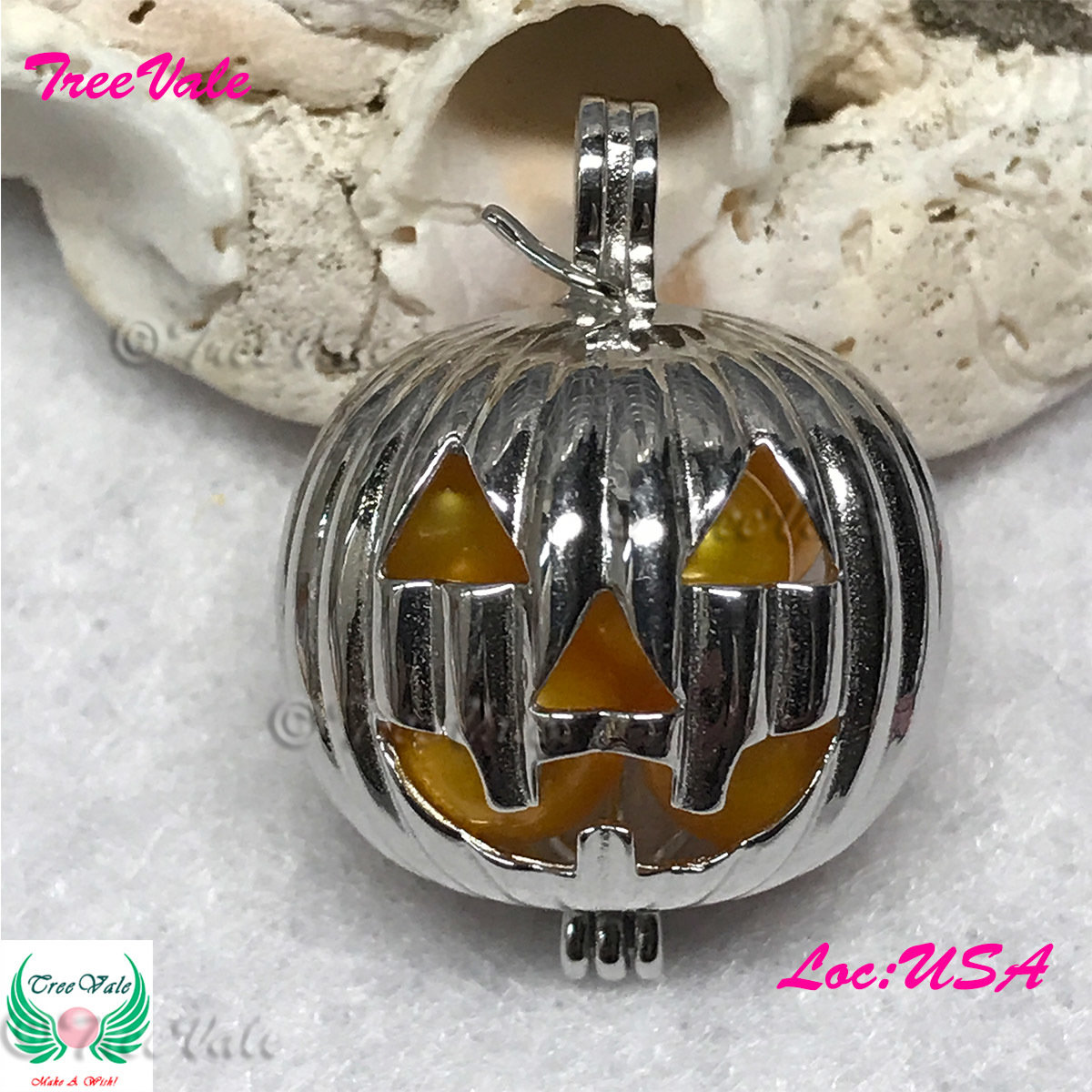 Jack O Lantern Pumpkin - Solid 925 Sterling Silver - Locket Pearl Cage Pendant - Hold 6mm-15mm Pearl