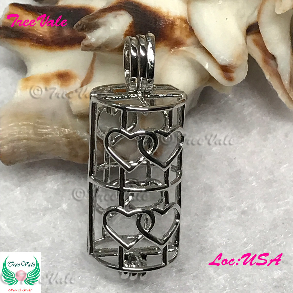 Enchanted Tube with Hearts - Silver Plated - Locket Pearl Cage Pendant - Hold 6mm - 9mm Pearl