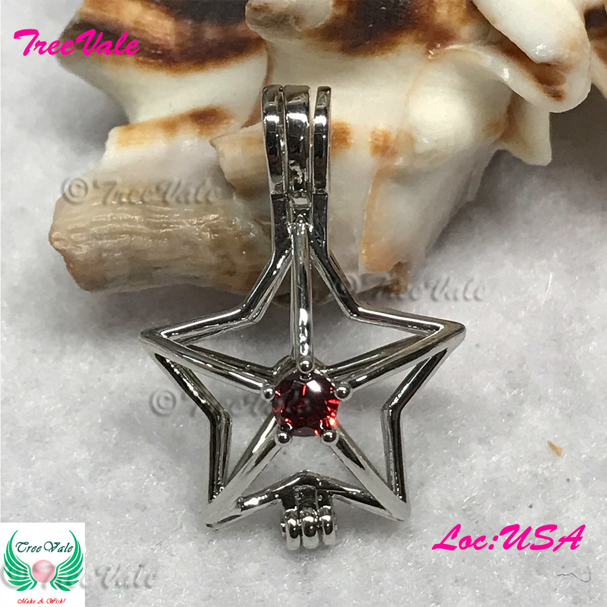 Red Crystal Star - Silver Plated - Locket Pearl Cage Pendant - Hold 6mm - 8mm Pearl