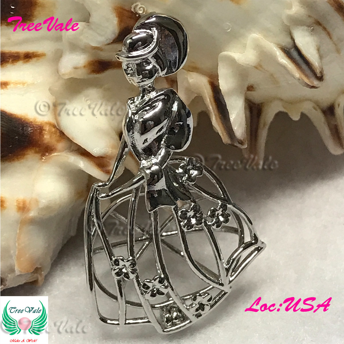 Jeweled Gown Cinderella - Silver Plated - Locket Pearl Cage Pendant - Hold 6mm - 8mm Pearl