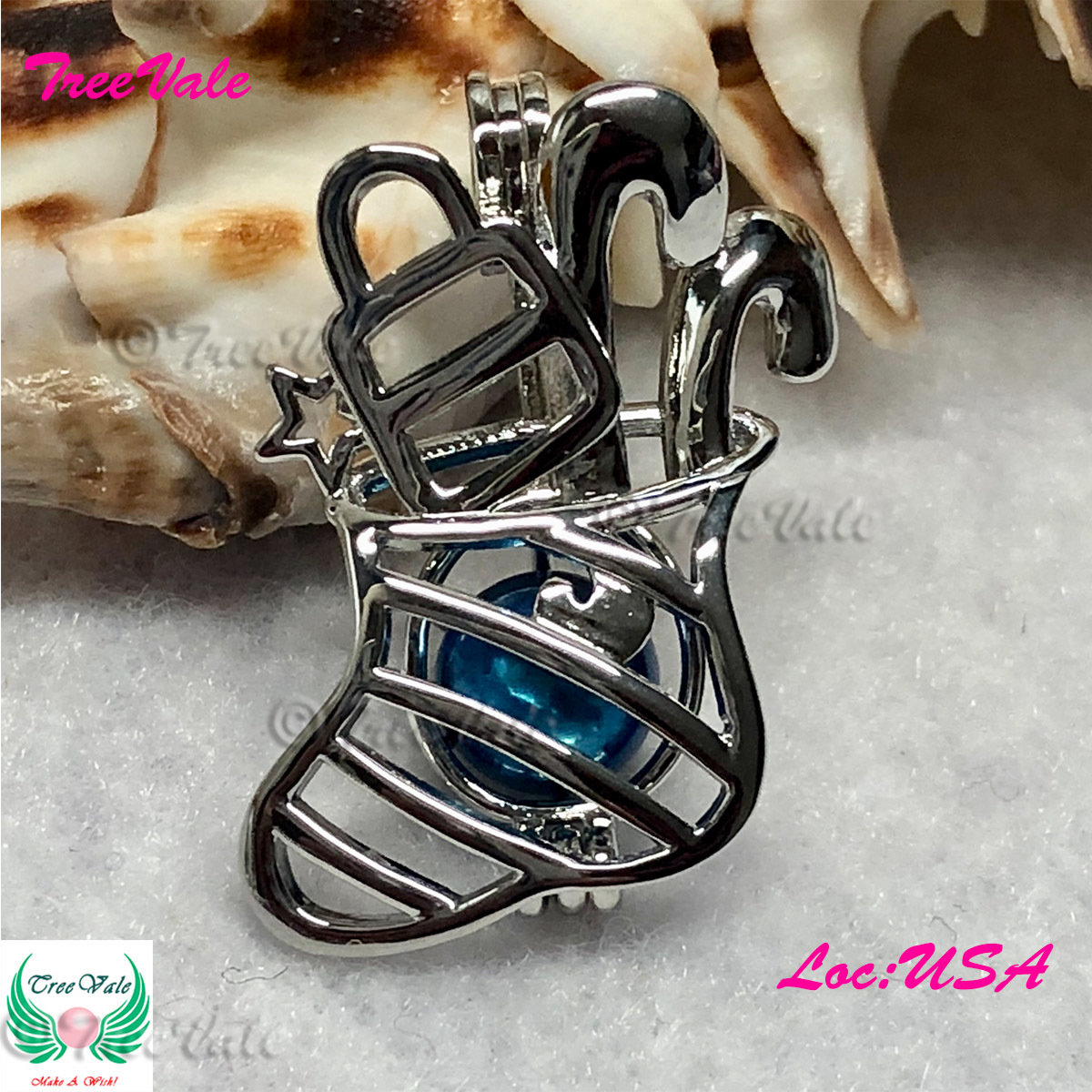 Christmas Stocking Sock - Silver Plated - Locket Pearl Cage Pendant - Hold 6mm - 8mm Pearl