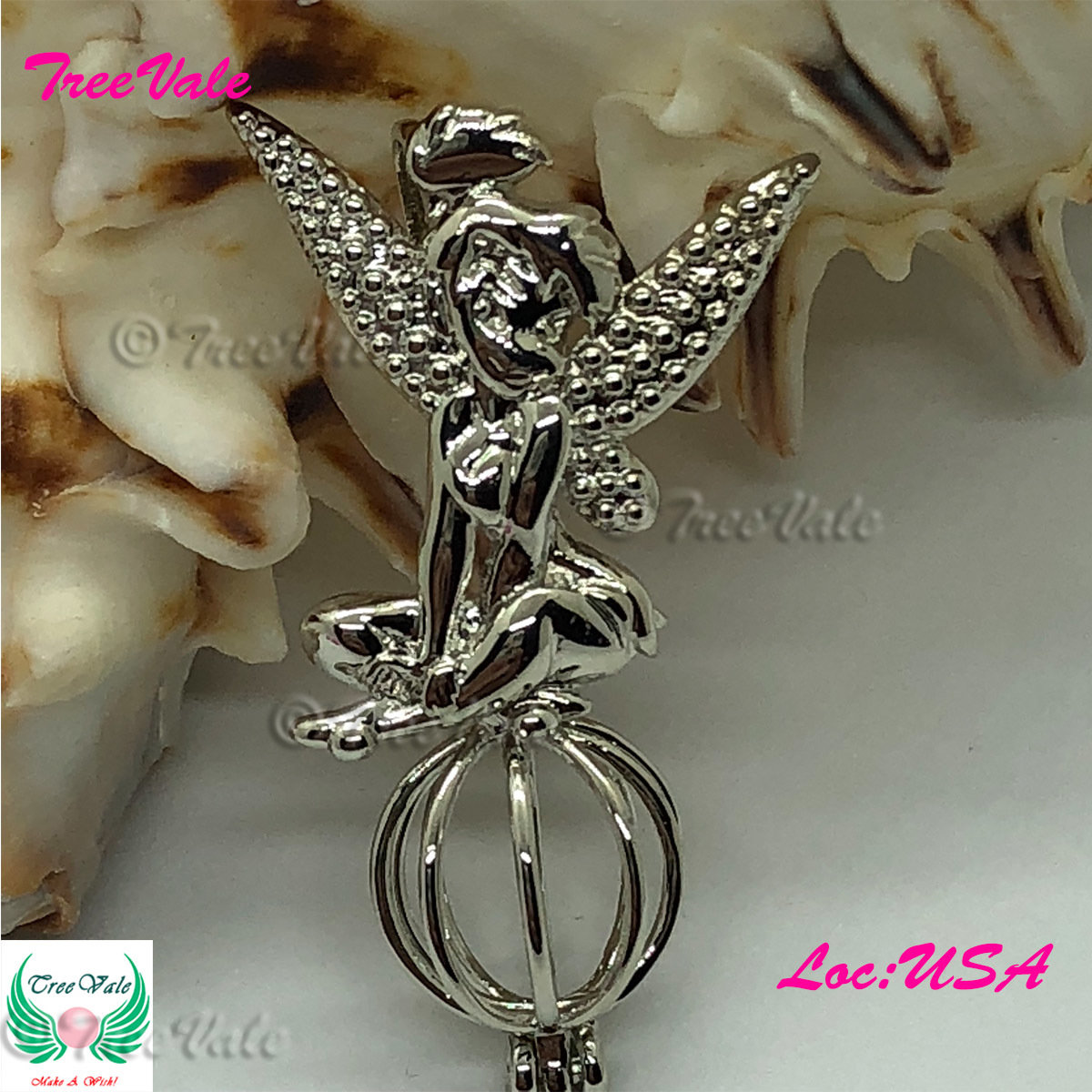 Fairy Tink Bell - Silver Plated - Locket Pearl Cage Pendant - Hold 6mm - 8mm Pearl