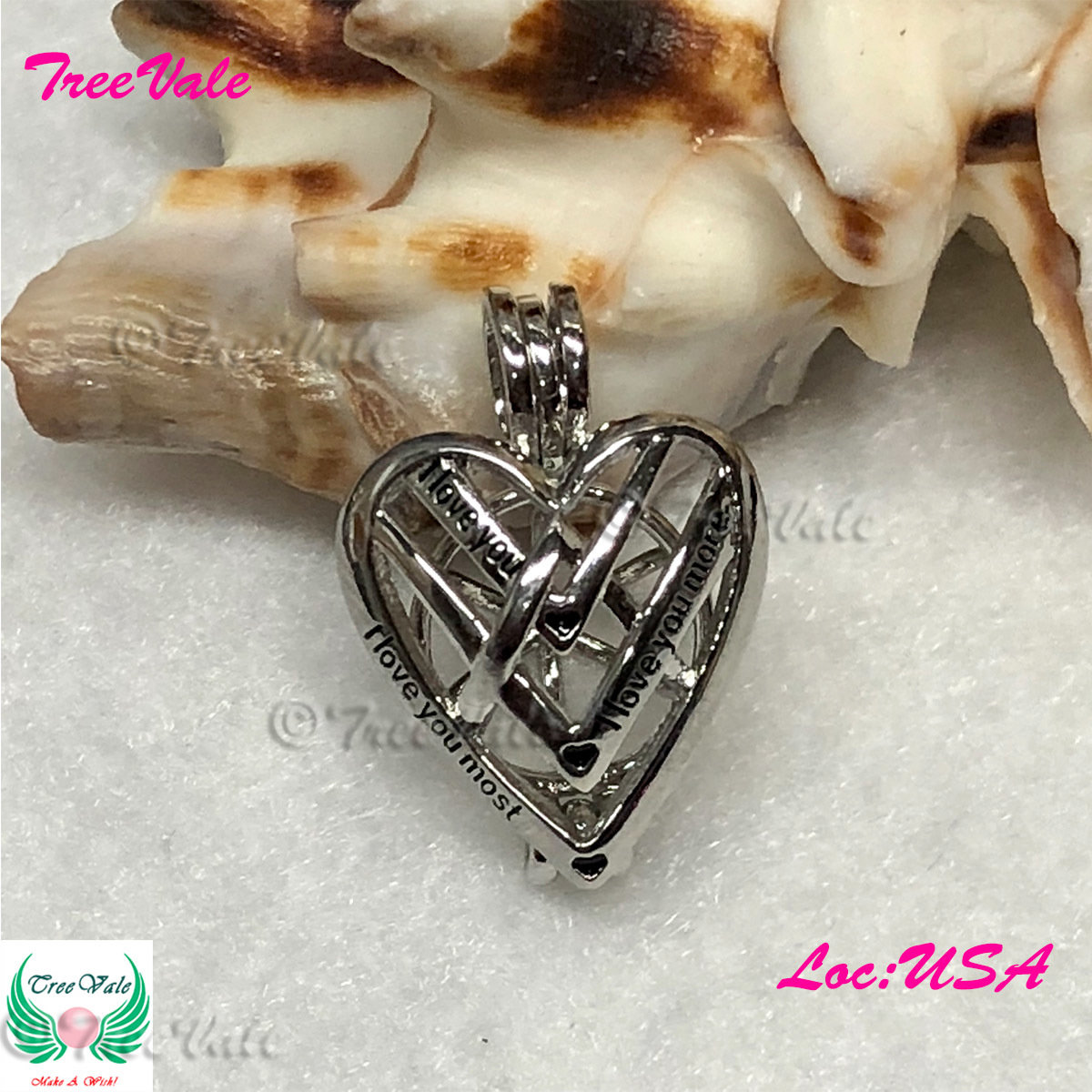 Engraved Loves on Hearts - Silver Plated - Locket Pearl Cage Pendant - Hold 6mm - 9mm Pearl