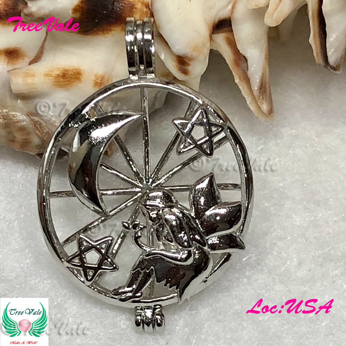 Fairy Waiting Moonlight - Silver Plated - Locket Pearl Cage Pendant - Hold 6mm - 9mm Pearl