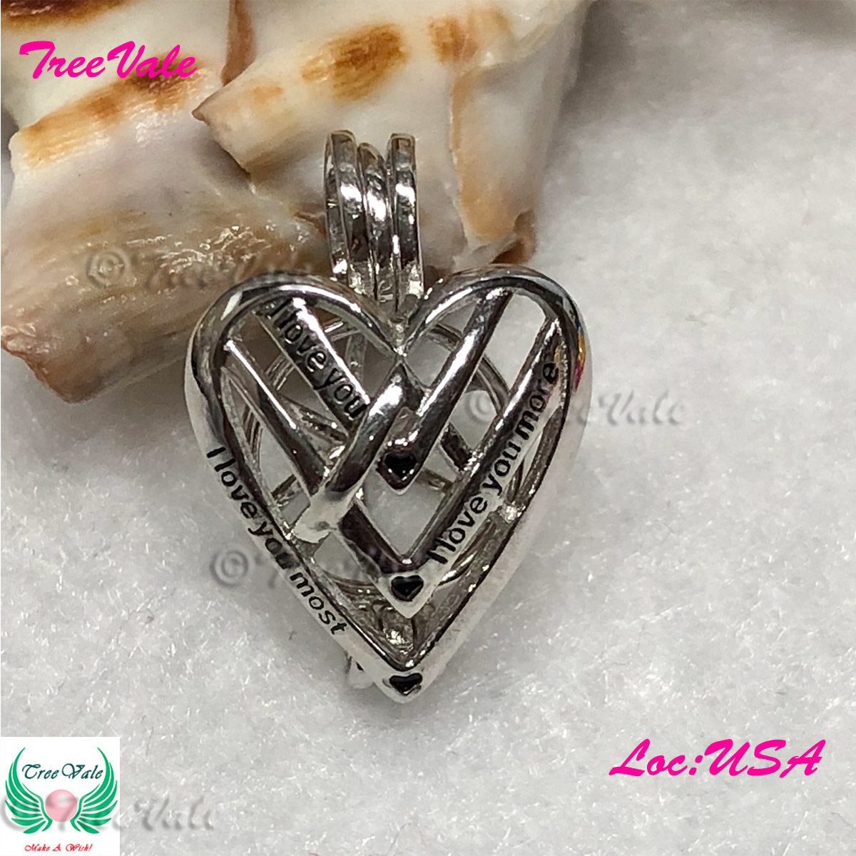 Love You Engraved In Hearts - Solid 925 Sterling Silver - Locket Pearl Cage Pendant - Hold 6mm-8mm Pearl