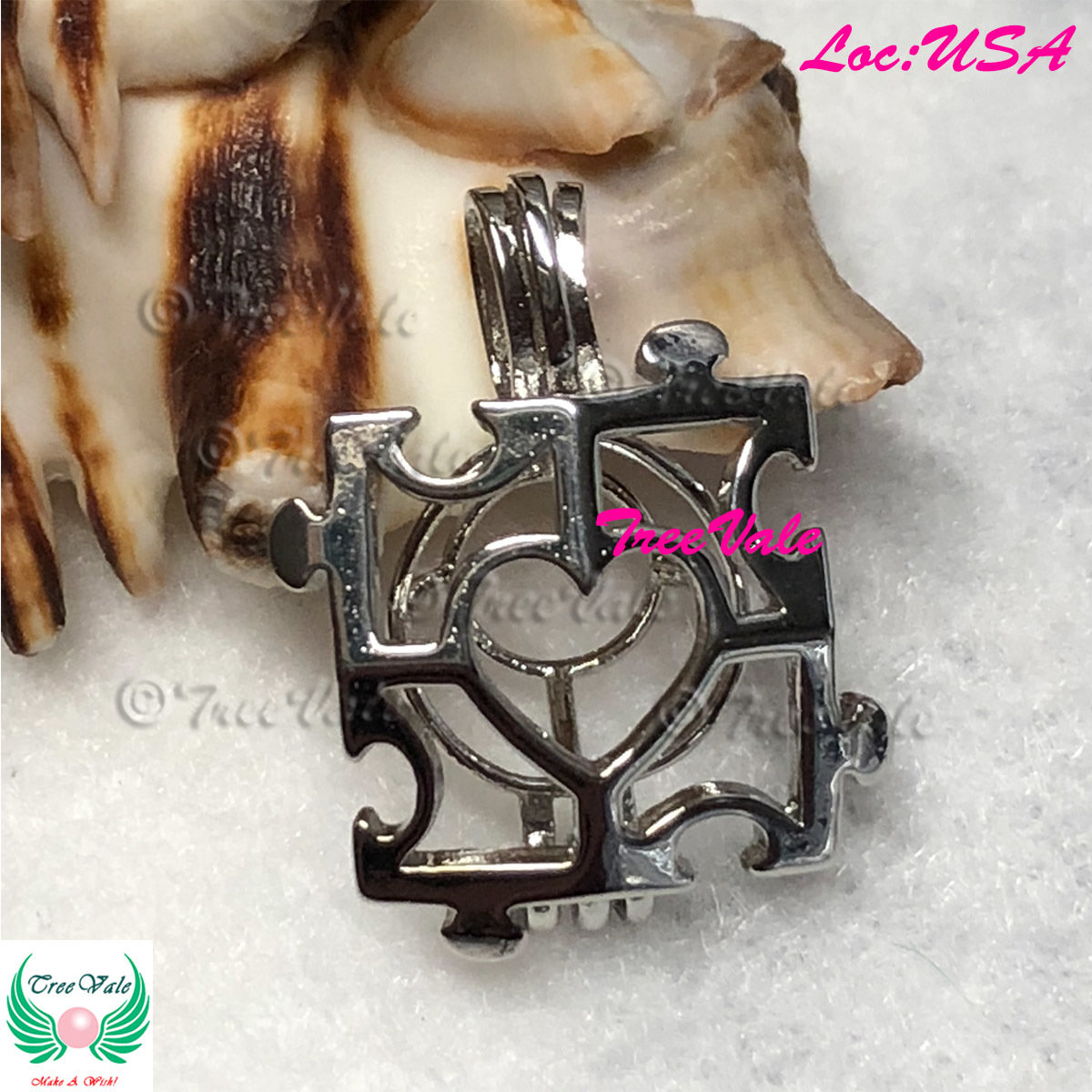 Autism Awareness Puzzle - Silver Plated - Locket Pearl Cage Pendant - Hold 6mm - 8mm Pearl