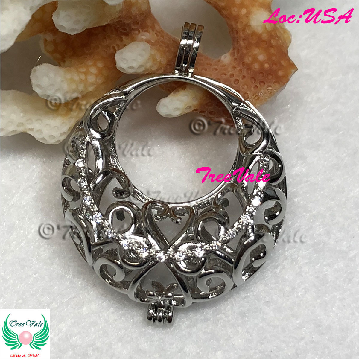 Enchanted Forest Crescent - Silver Plated - Locket Pearl Cage Pendant - Hold 6mm - 9mm Pearl