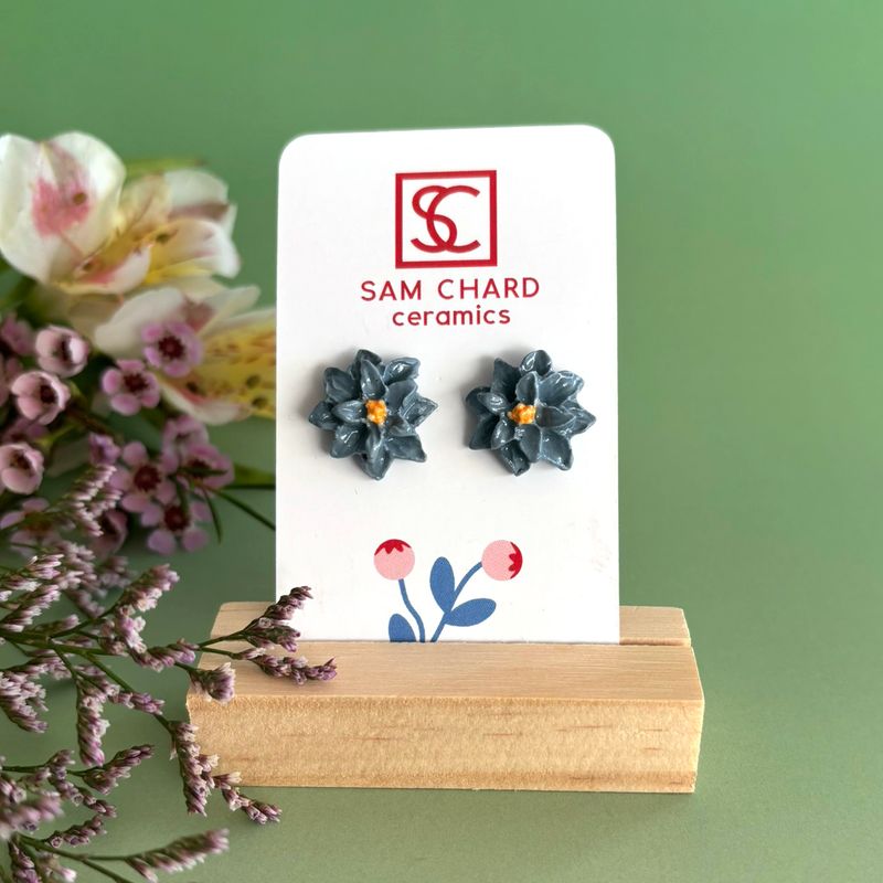 Blue/Grey Dahlia Flower Earrings