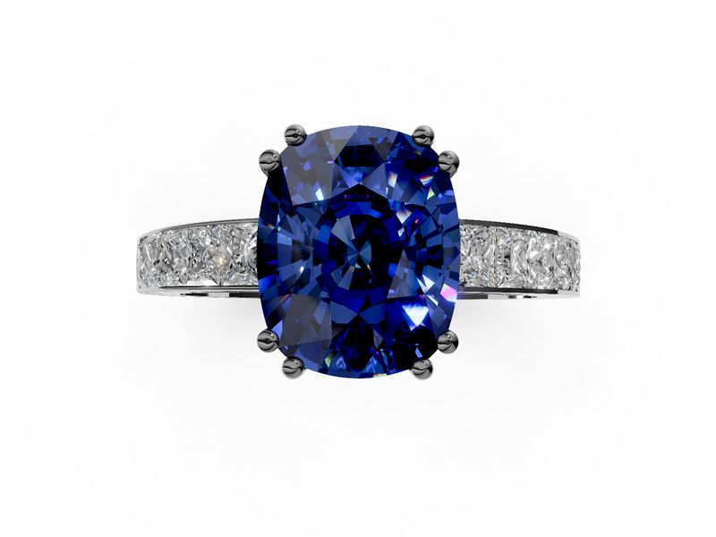 Cushion cut Blue Sapphire with princess Diamonds
