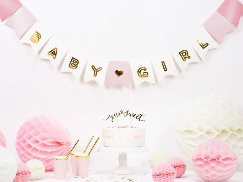 Vaaleanpunainen koriste baby shower juhliin