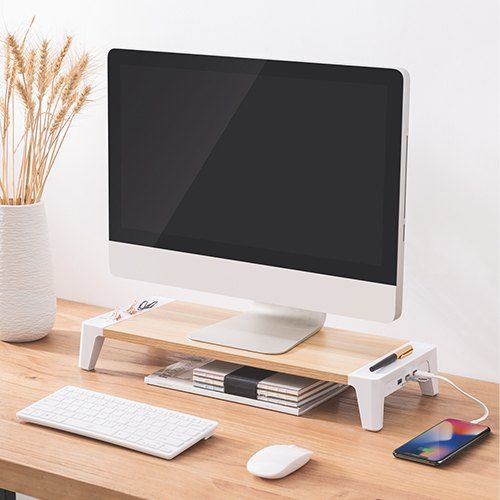 White Birch Monitor Riser with 3× USB 3.0 Ports