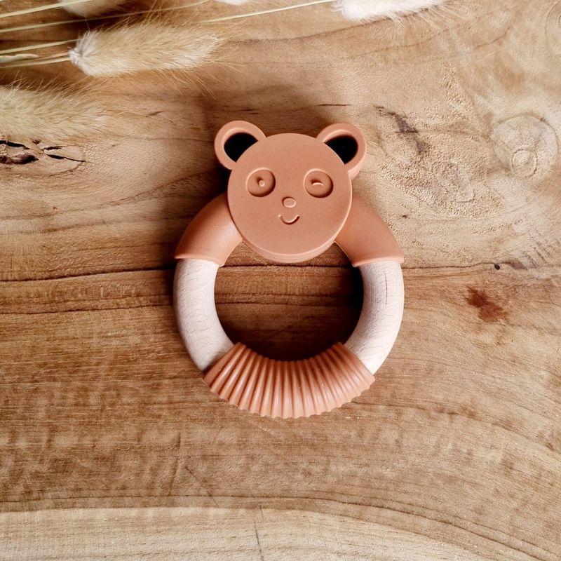 Siliconen bijtring Pandabeer met houten ring - Beige