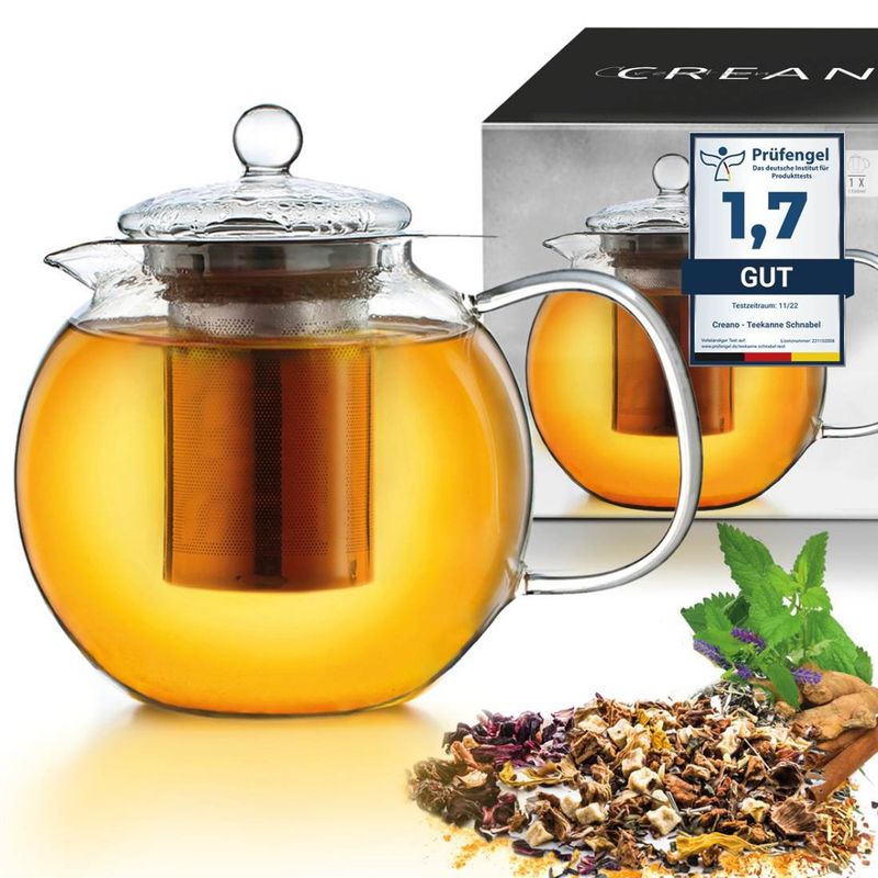 glazen theepot 1,7l, 3-delige glazen theepot met geïntegreerde roestvrijstalen zeef en glazen deksel, ideaal voor het bereiden van losse thee, druppelvrij, alles-in-één
