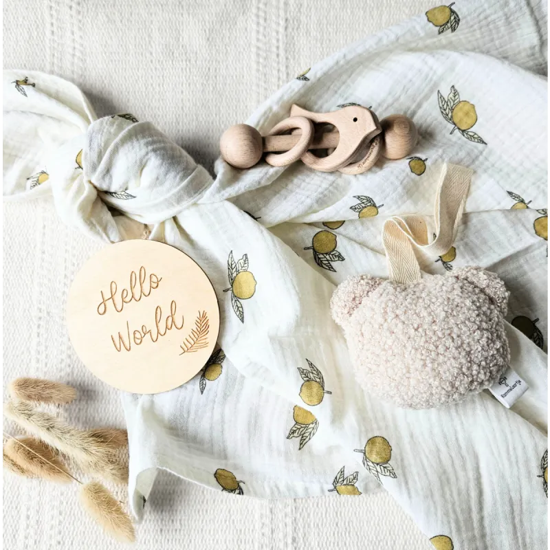 Kraamcadeau Set Beige - Hydrofiele doek, teddy speenknuffel en houten rammelaar vogel