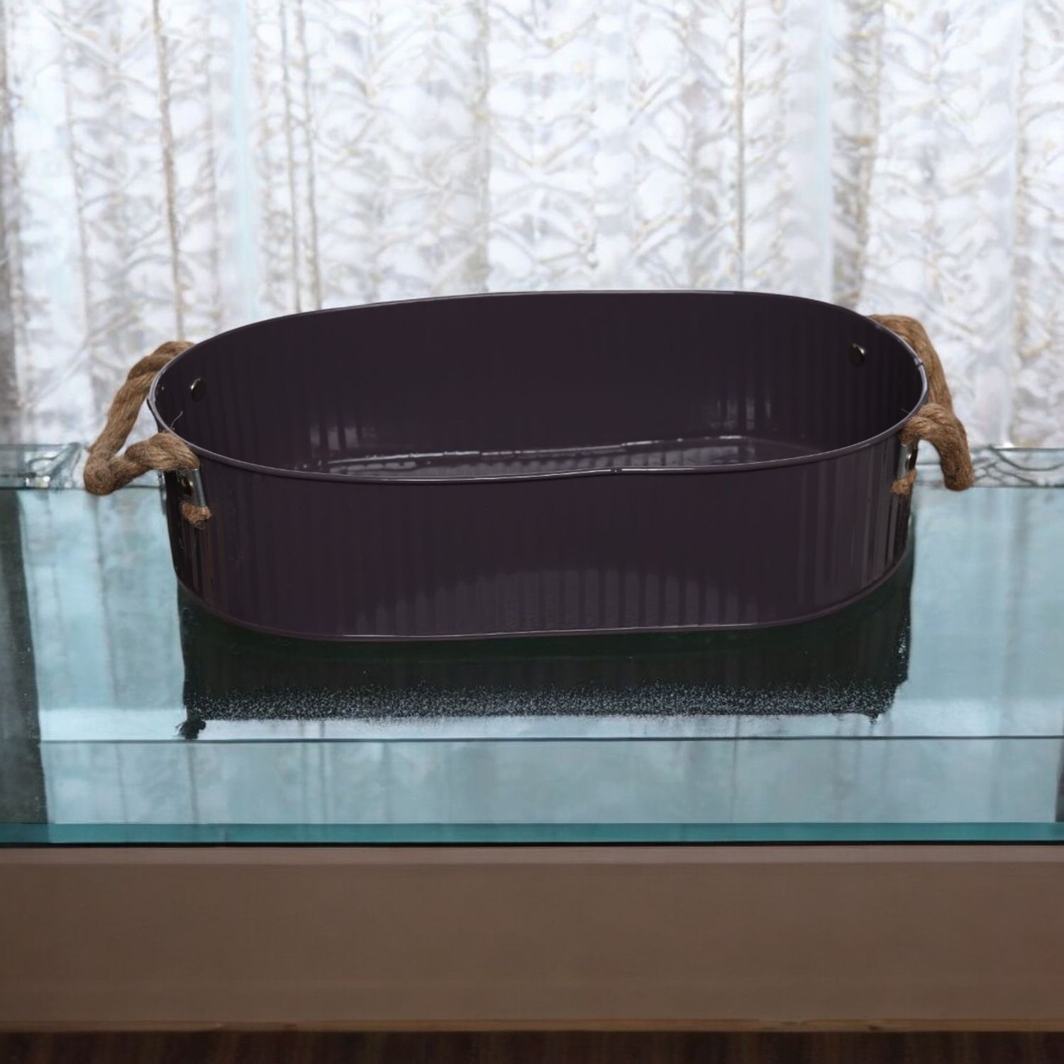 Metalen tray ovaal met koord grijs