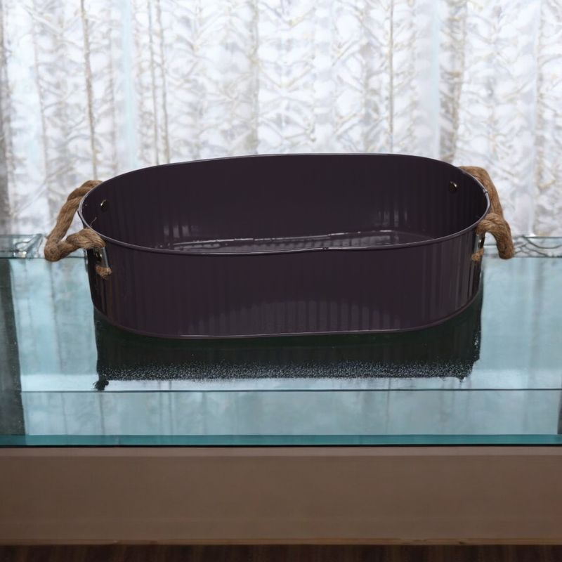Metalen tray ovaal met koord grijs