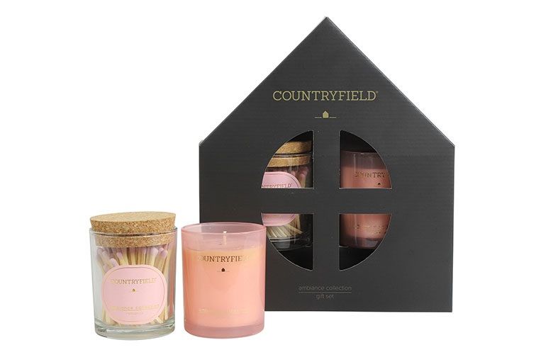 Romance Gift box lucifers i/glas &amp; kaars roze-L7,5B21,5H25CM