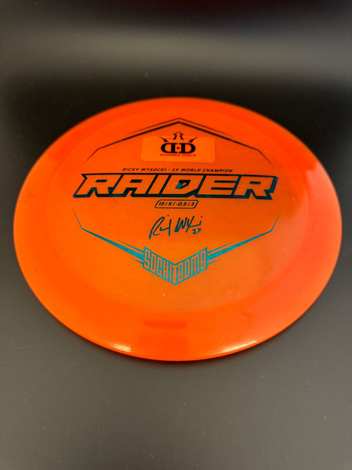 Dynamic Discs Lucid Raider, ORANGE, USED; Ricky Wysocki 2x Champ Stamp