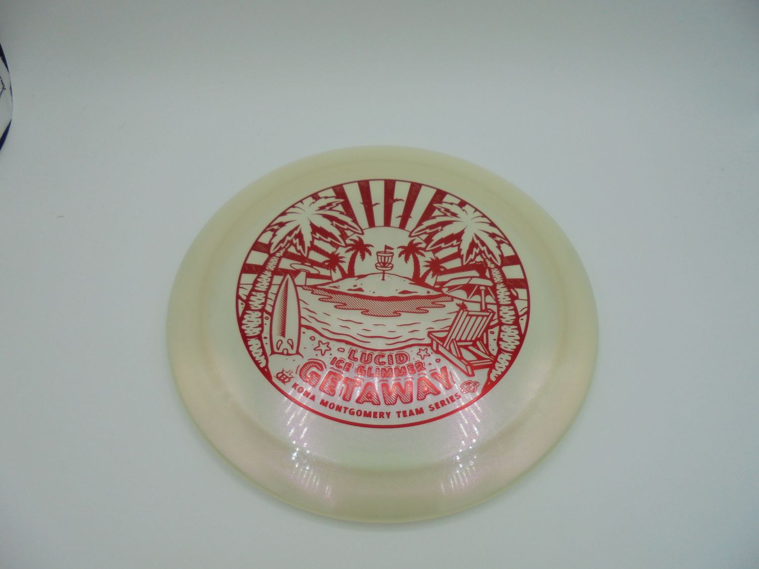 Dynamic Discs Lucid Ice Glimmer Getaway, WHITE, USED; Kona Montgomery Glimmer Getaway