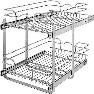 2-Tier Kitchen Cabinet Pull Out Shelf and Drawer Organizer Slide Out Pantry Storage Basket in Multiple Sizes, 15 x 22 In, 5WB2-1522CR-1