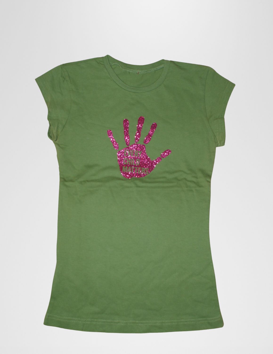Girls T-Shirt-Every Child Matters-Red Glitter on Green