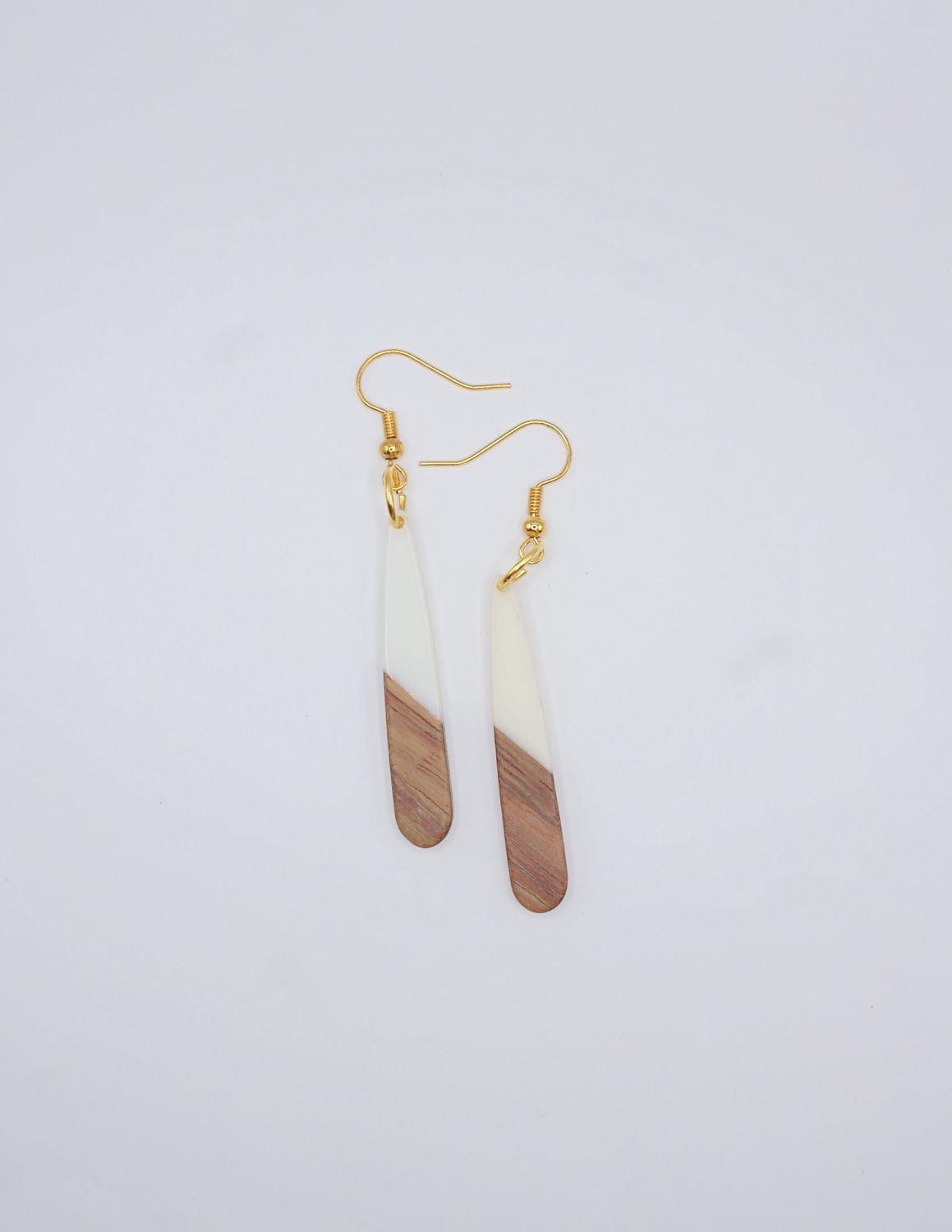 Resin & wood Earrings-Elongated Oval with White Details