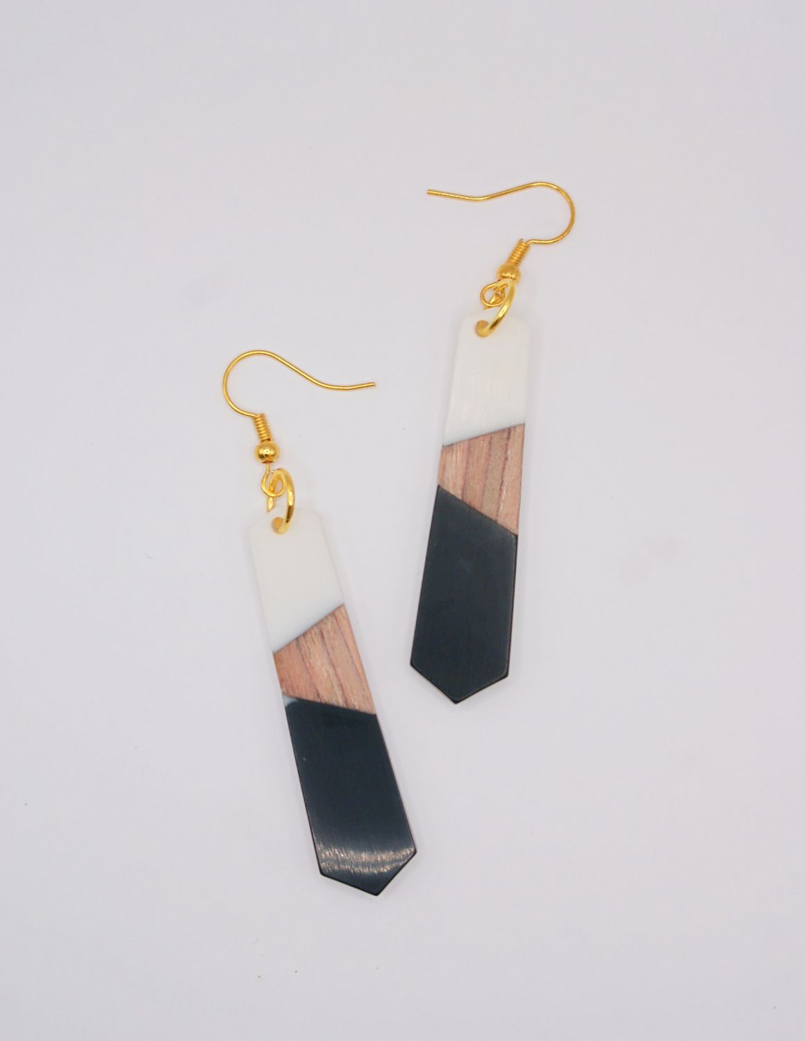 Resin & Wood Earrings-Pentagon with Black and White Details