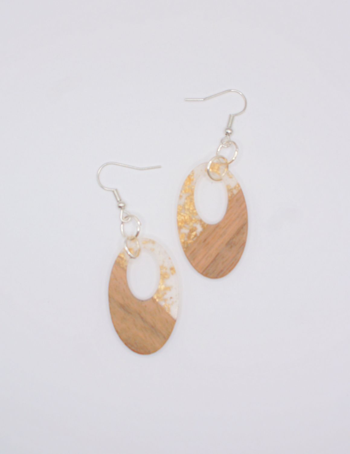 Resin & Wood Earrings-Hollow Oval with Gold Details