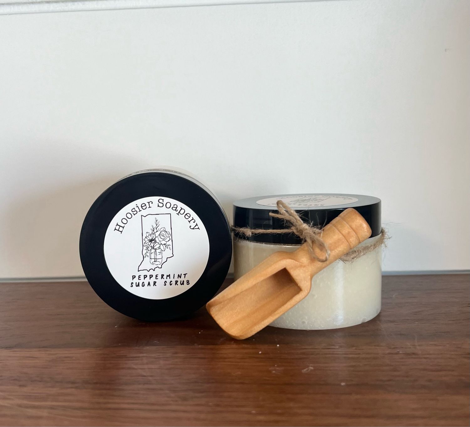 Sugar Scrub in Plastic Container with small Wooden Scoop