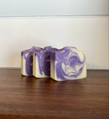 3 soap bars with purple and ivory swirl