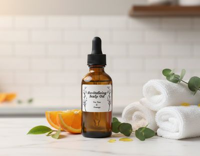 Product photo of a Revitalizing Scalp Oil bottle. The white label features a black botanical illustration and reads 'Revitali
