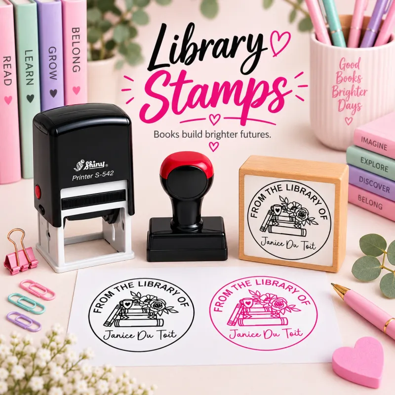 Library Stamps self-inking, hand stamps and wooden block Jozi Stamps webp