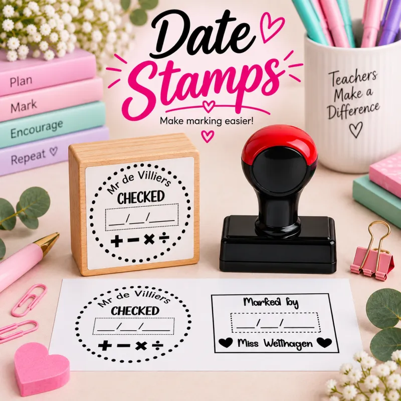 Write in Teacher Date Stamps wooden and plastic handle stamps Jozi Stamps webp