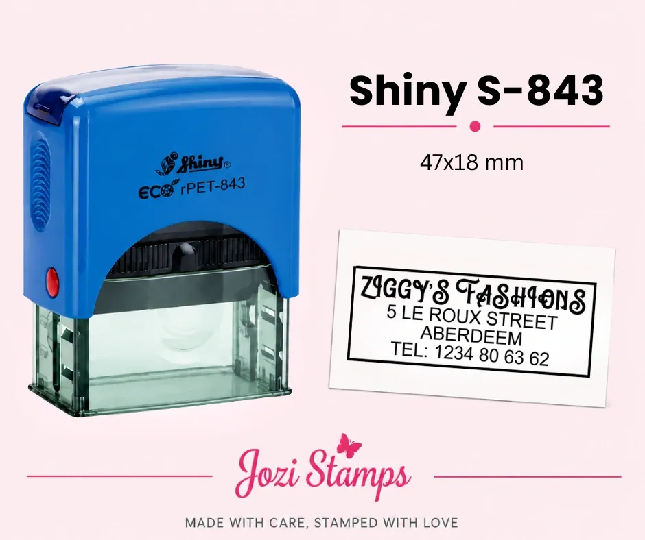 Shiny S-843 self-inking company stamp 47x18mm South Africa