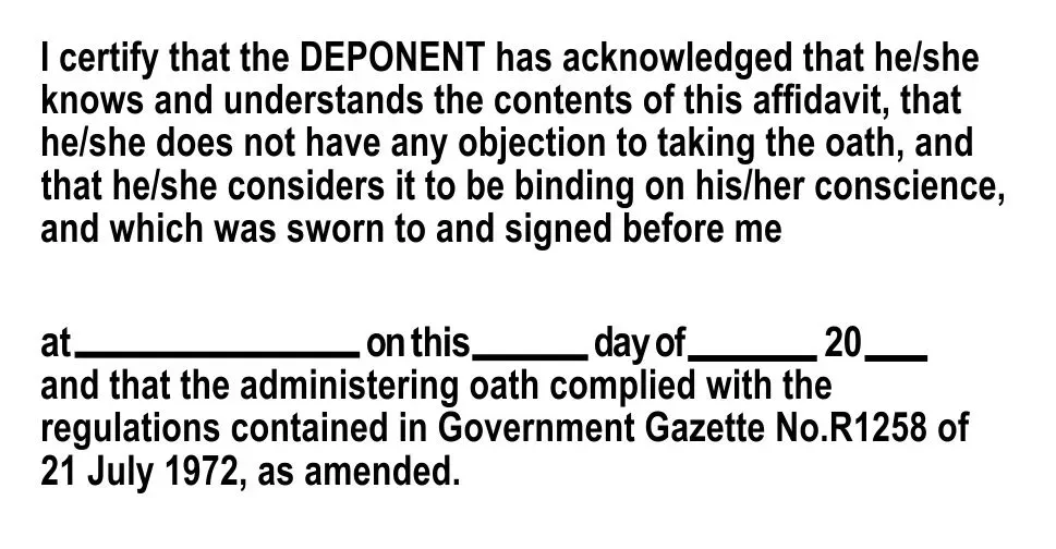Commissioner of Oaths affidavit stamp for legal document certification in South Africa