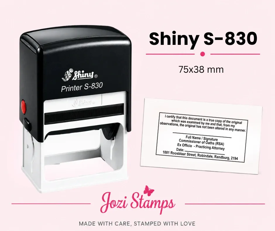 Shiny S-830 self-inking Commissioner of Oaths Certification stamp 75x38mm South Africa