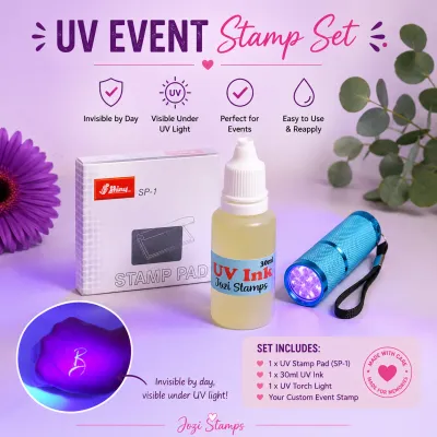 UV Event Stamp Set includes UV Ink, Stamp Pad Customised stamp and UV Light South Africa Jozi Stamps webp