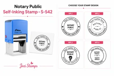 Notary Public self-inking stamp Shiny S-542 with four custom design options by Jozi Stamps webp.