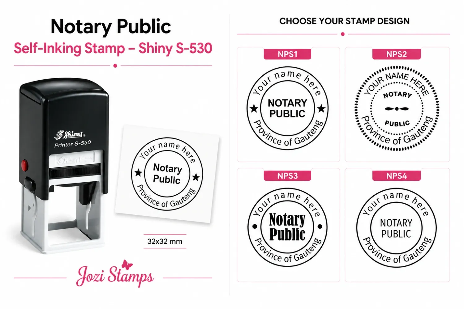 Shiny S-530 Notary Public self-inking stamp with four custom South African seal design options by Jozi Stamps webp.