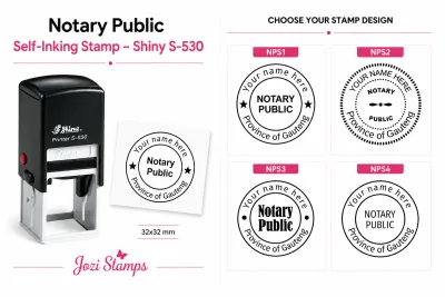 Shiny S-530 Notary Public self-inking stamp with four custom South African seal design options by Jozi Stamps webp.