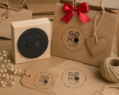60x60mm custom logo branding stamp with ink pad for packaging, boxes and business branding webp